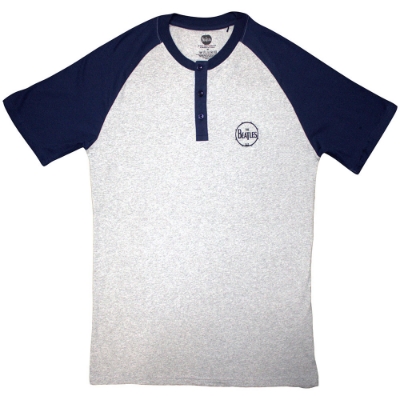 Show details for Beatles Adult T-Shirt: Drum Raglan 3 Button Mini Logo Shirt Grey/Navy Picture of Beatles Adult T-Shirt: Drum Raglan 3 Button Mini Logo Shirt Grey/Navy